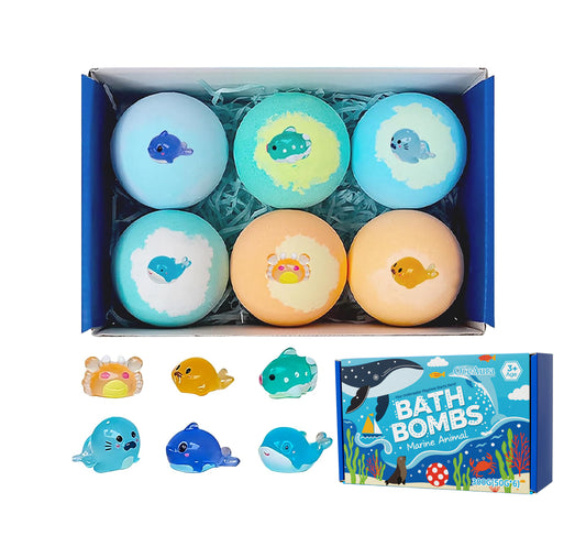 Bath bomb gift box showing six round marine animal bath bombs with boxed side