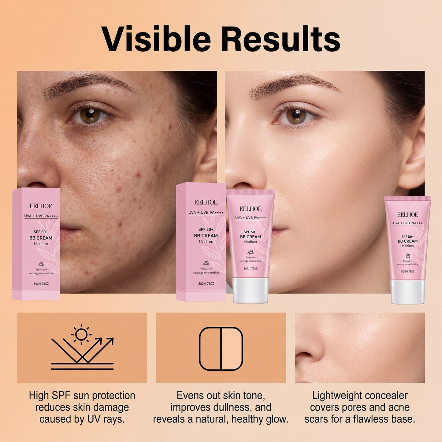 Protective BB cream tube, SPF 50+ Medium, pink label