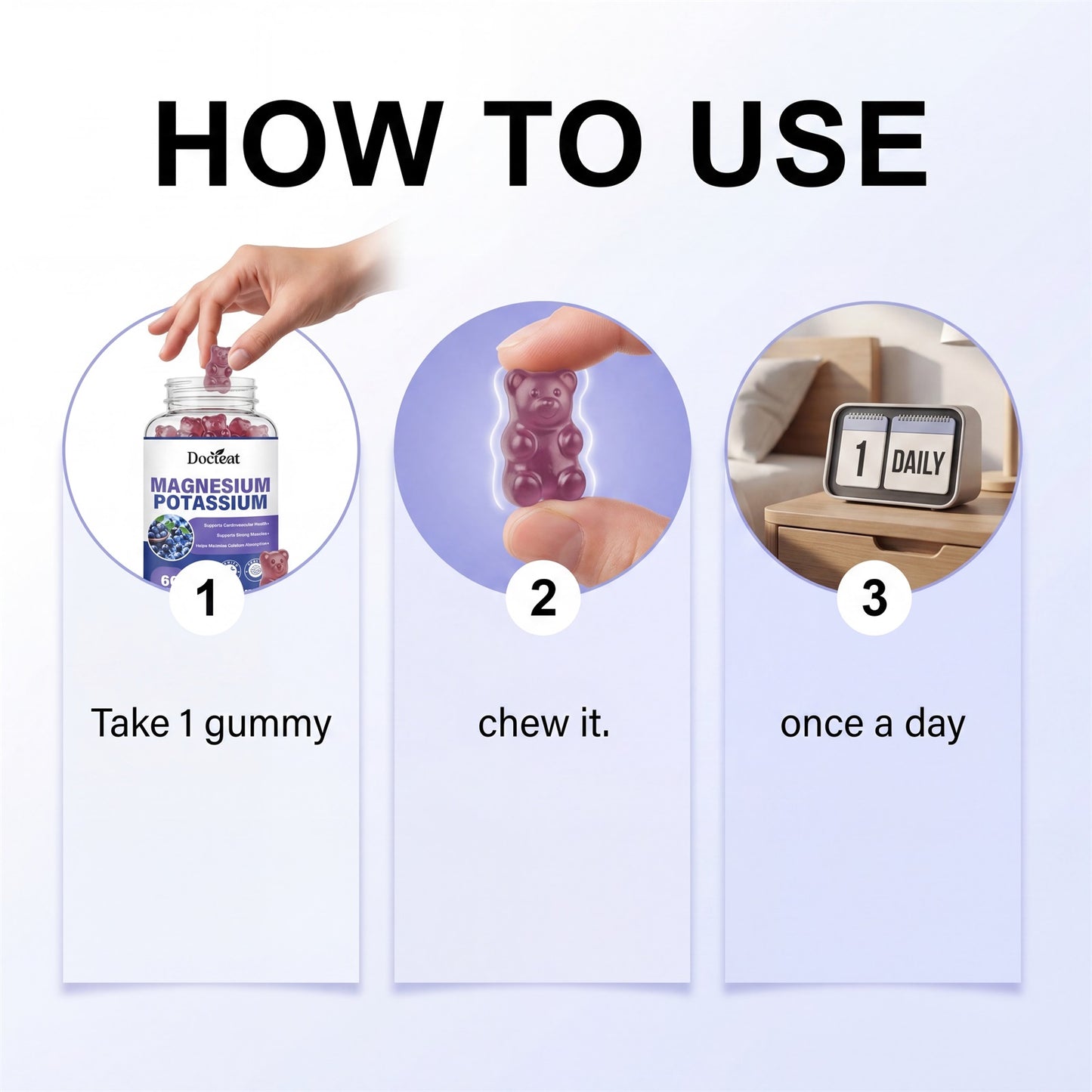 How to use gummy supplement: take 1, chew, once a day; bottle and bears shown