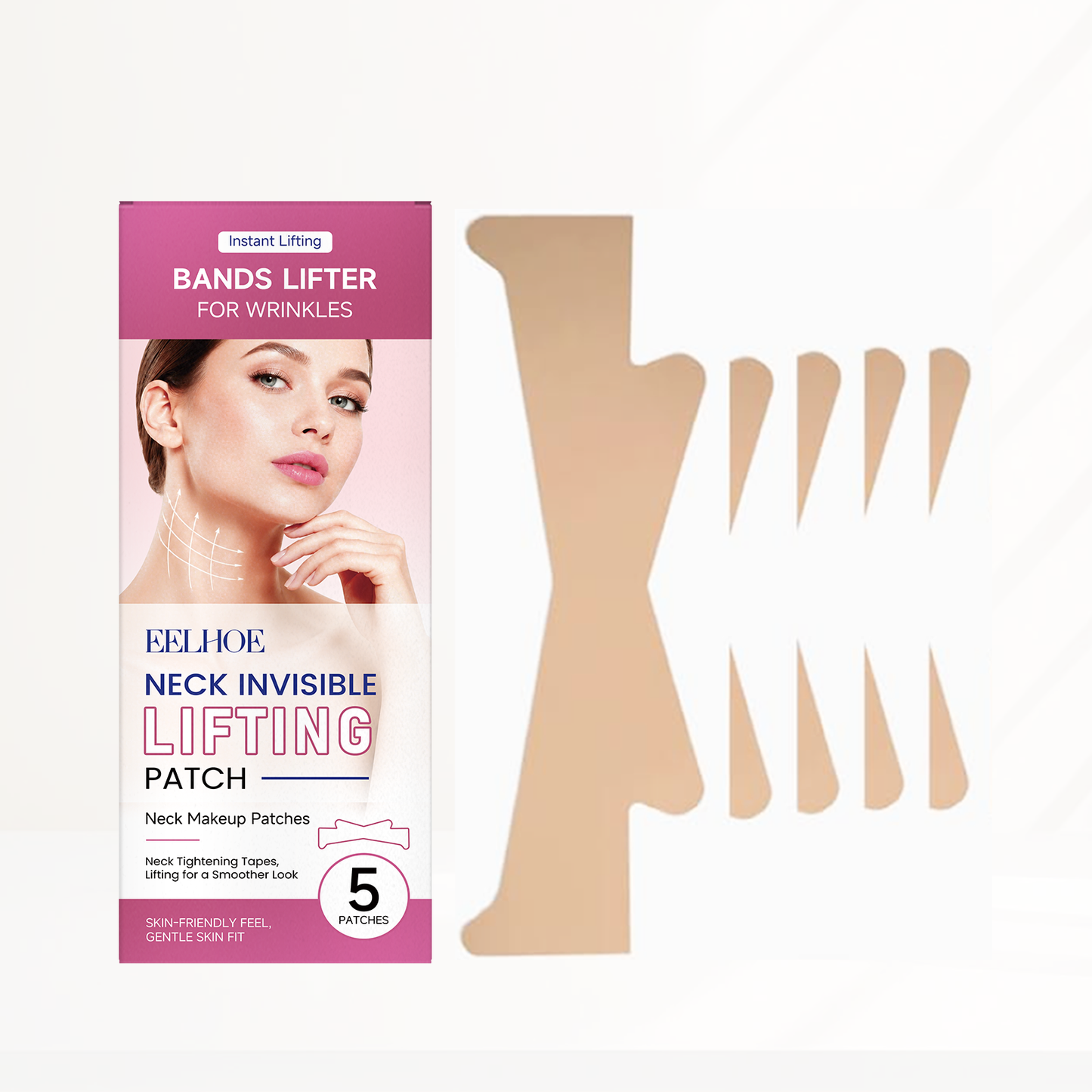 Neck lifting patch set in box, includes 5 beige patches for invisible wear