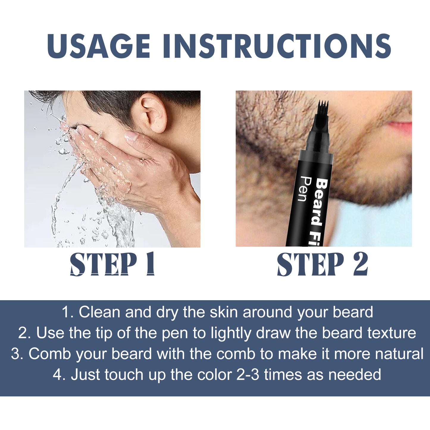 Beard filler pen usage instructions showing clean skin, draw beard texture, and comb through.