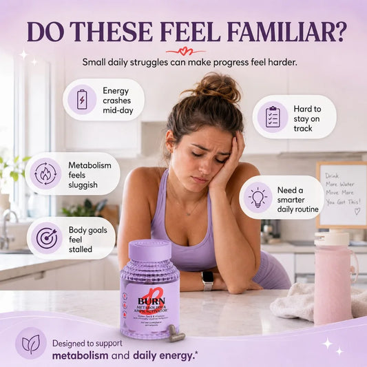 Purple supplement bottle, Burn Metabolism & AMPK Activator, on countertop with green leaves