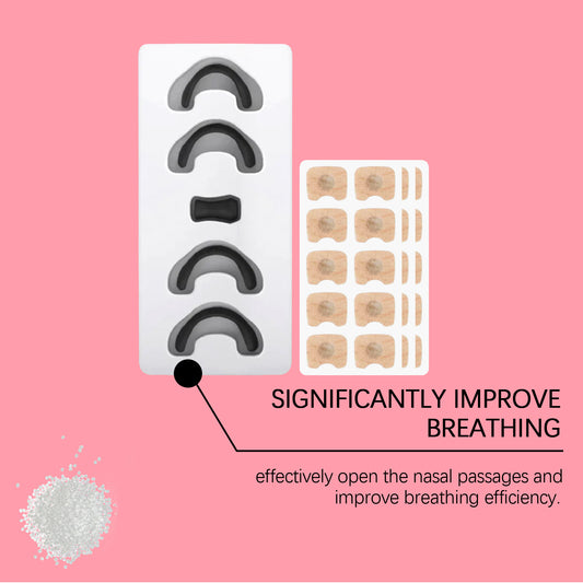 Nasal dilator tray with black U-shaped clips, beige patch sheets, and small pad