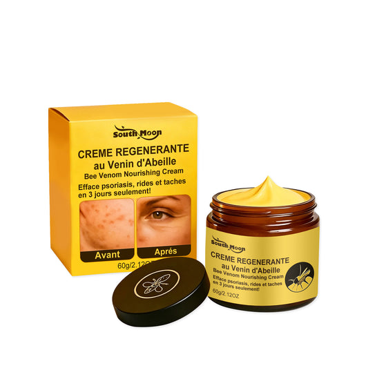 Bee venom nourishing cream jar with open lid, showing yellow cream; boxed product.