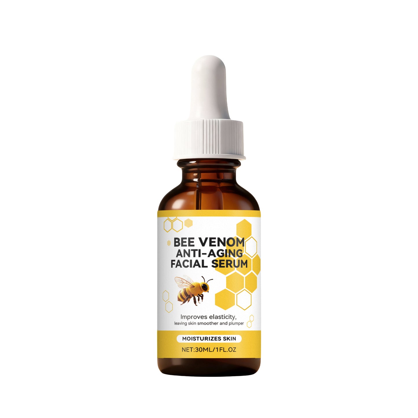 Bee venom anti-aging facial serum bottle with dropper, amber glass 30 mL