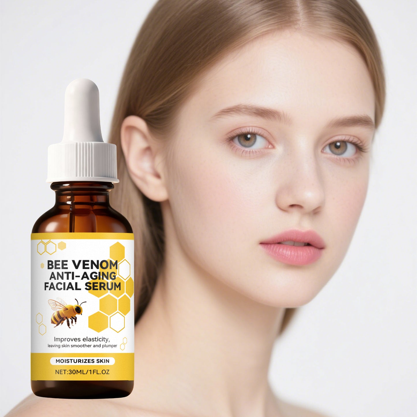 Bee venom facial serum bottle with white dropper beside model portrait