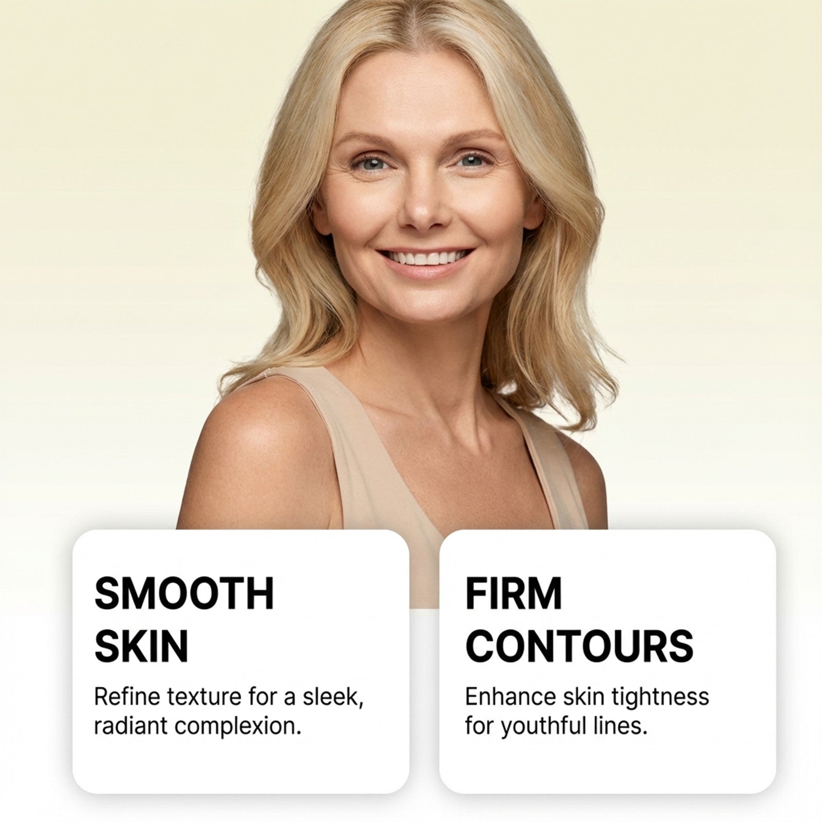 Facial serum benefit cards with smiling model and text callouts