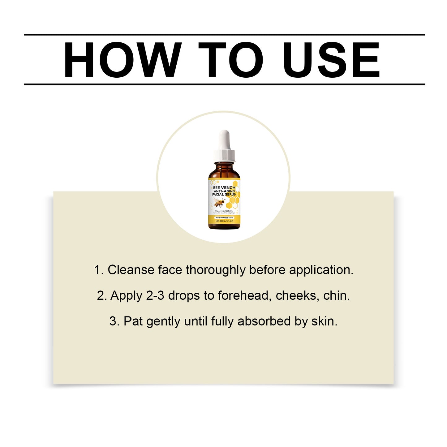 Facial serum how-to-use card with dropper bottle and 3-step directions