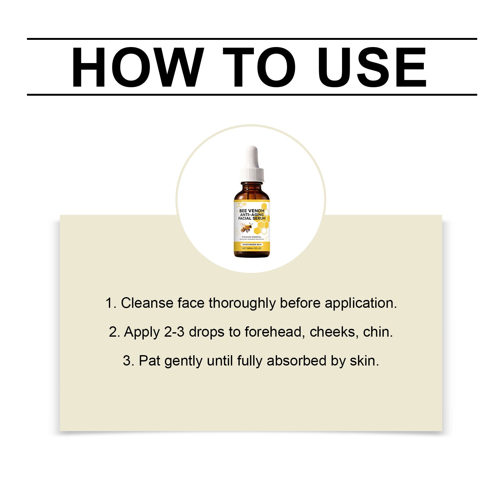 Facial serum how-to-use card with dropper bottle and 3-step directions