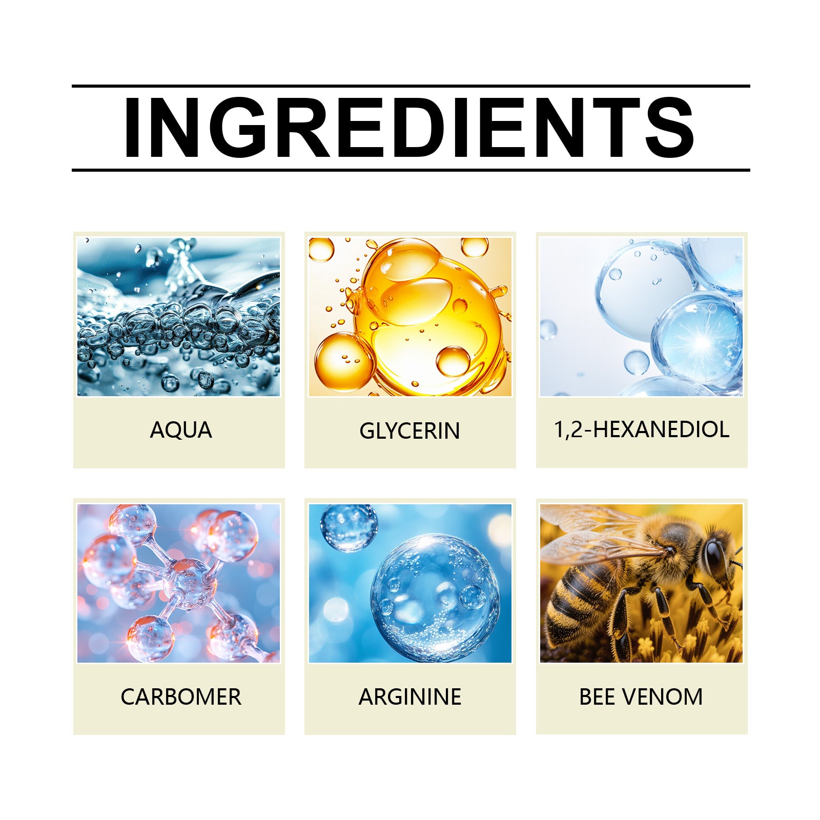 Facial serum ingredients panel with aqua, glycerin, hexanediol, and bee venom