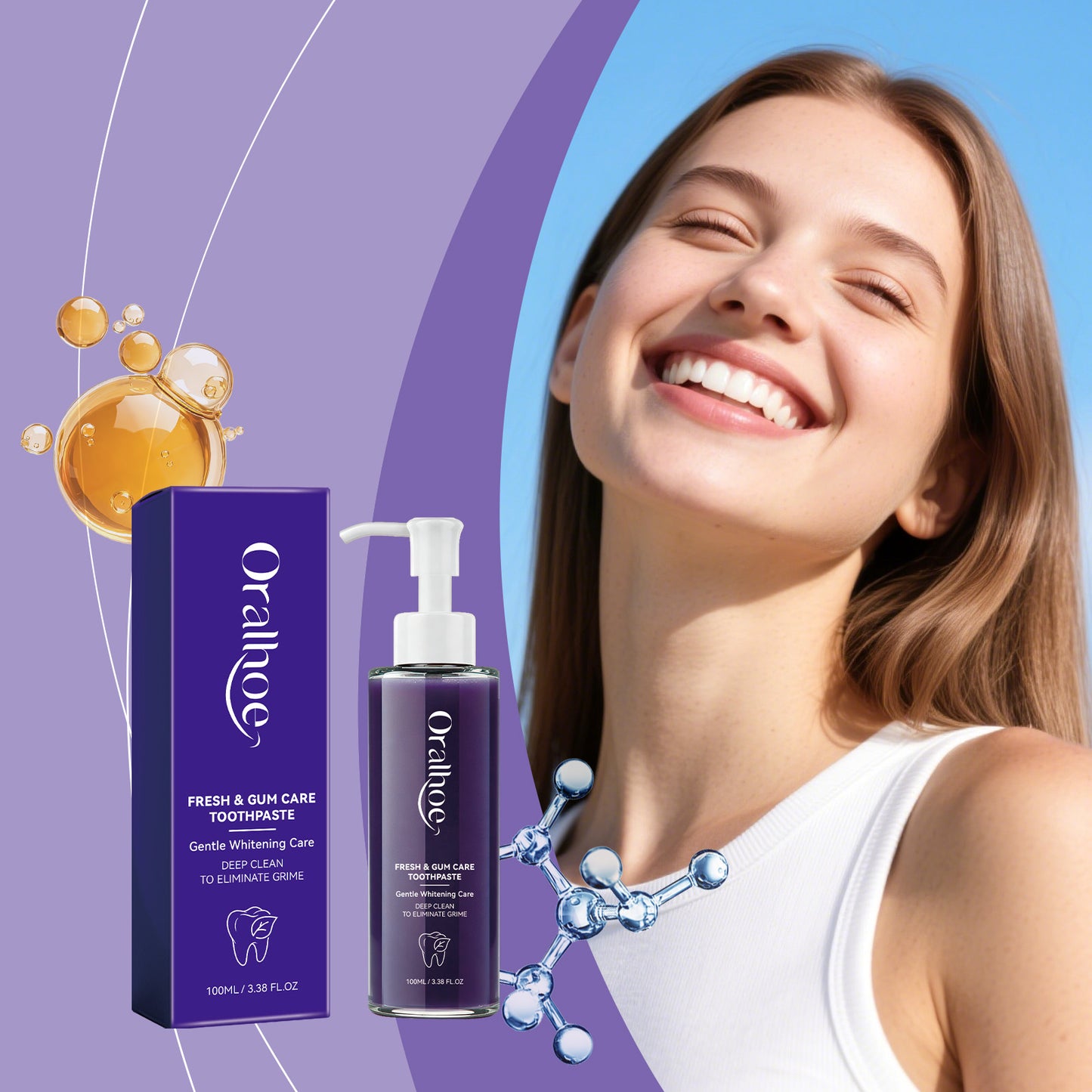Oraloe fresh & gum care toothpaste box and pump bottle with smiling woman