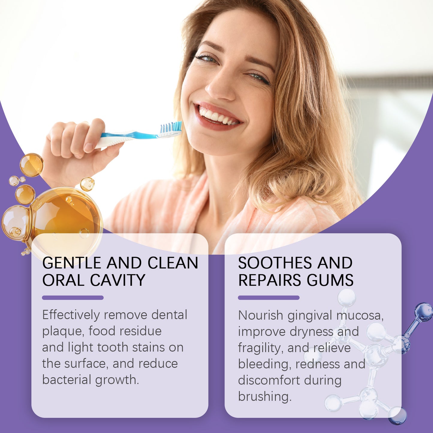 Toothpaste benefits panels: gentle clean oral cavity; soothes and repairs gums