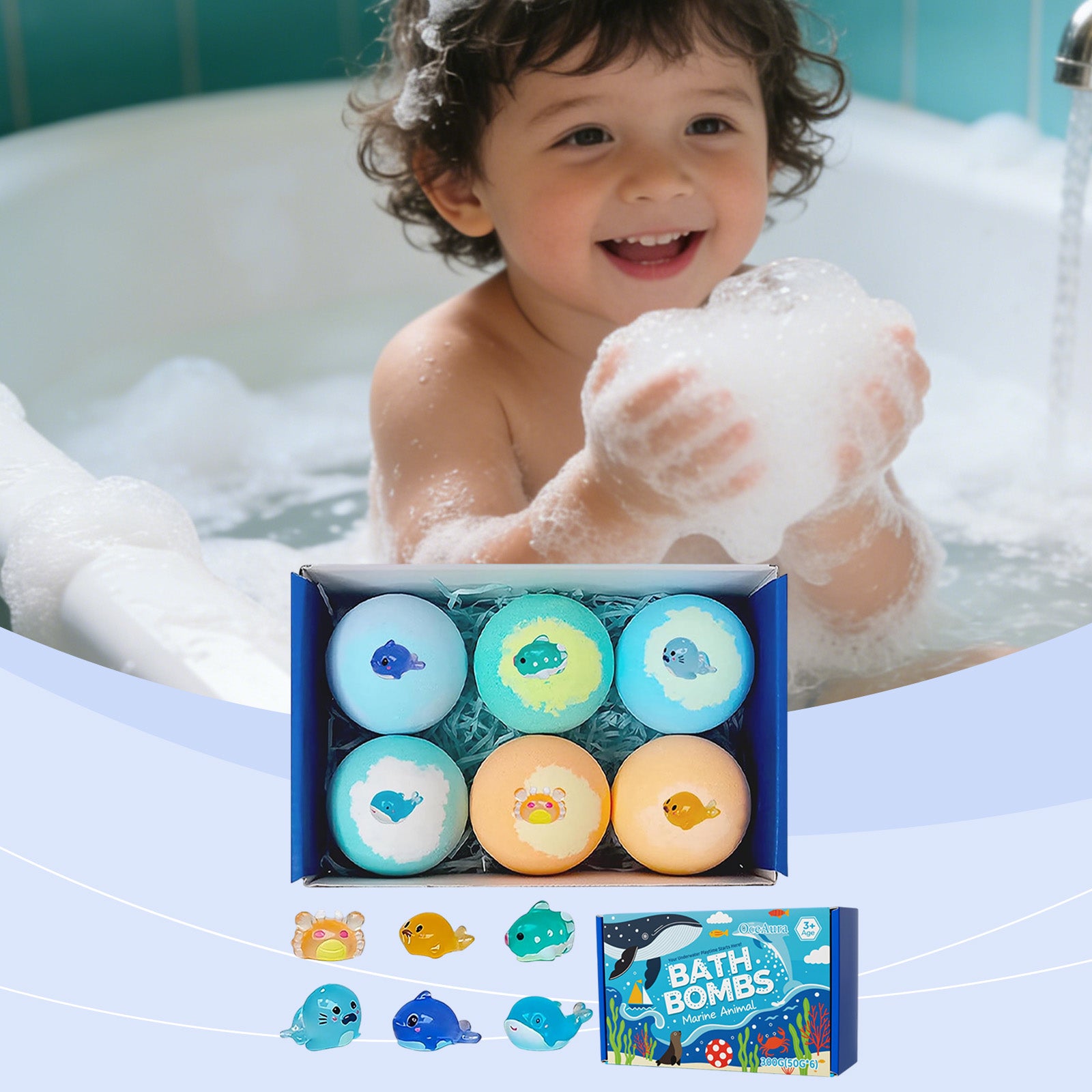 Six round marine animal bath bombs in open gift box on bathtub water