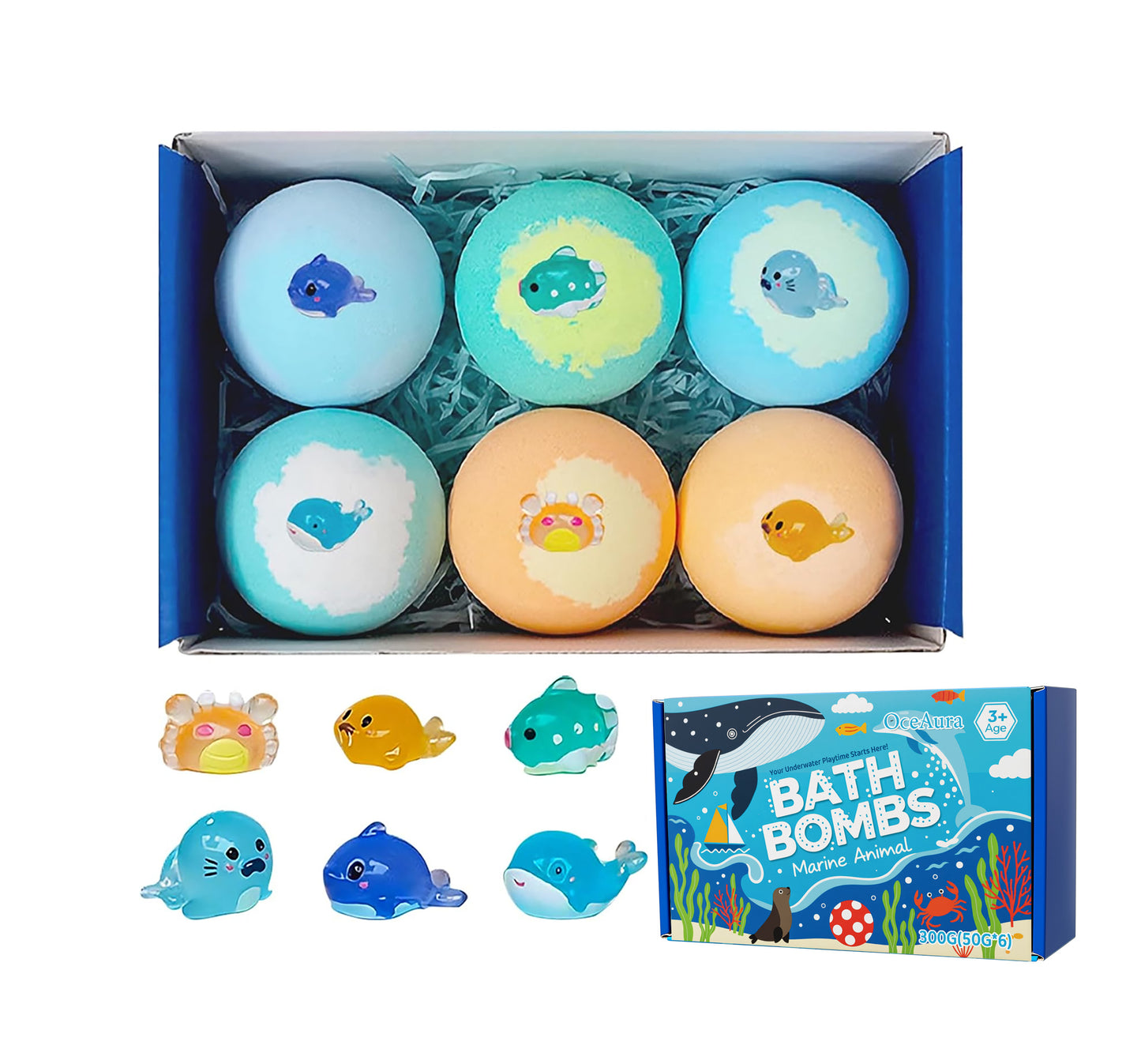 Bath bomb gift box showing six round marine animal bath bombs with boxed side