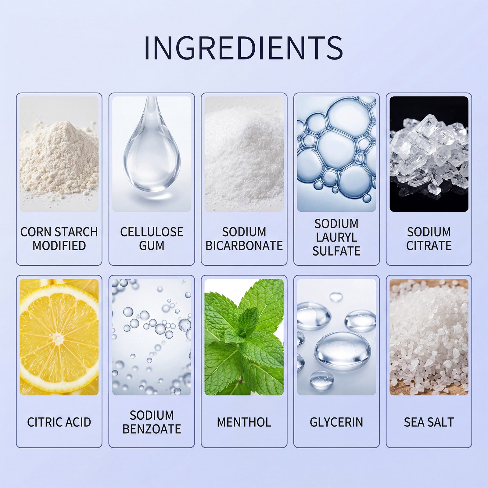 Bath bomb ingredients chart with corn starch modified, sodium bicarbonate, sea salt