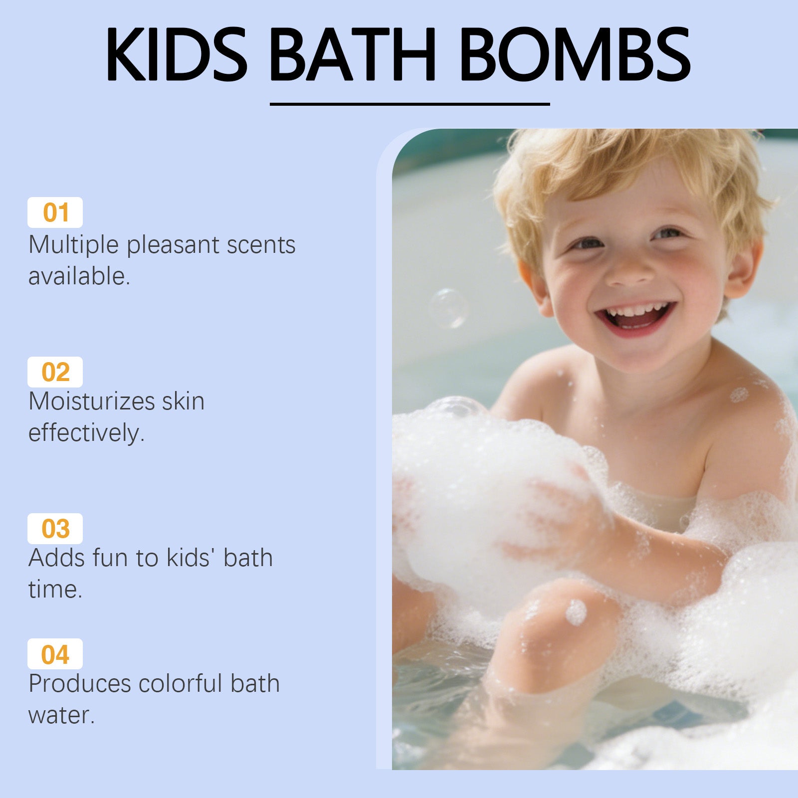 Kids bath bombs feature panel with four benefit points for bath time