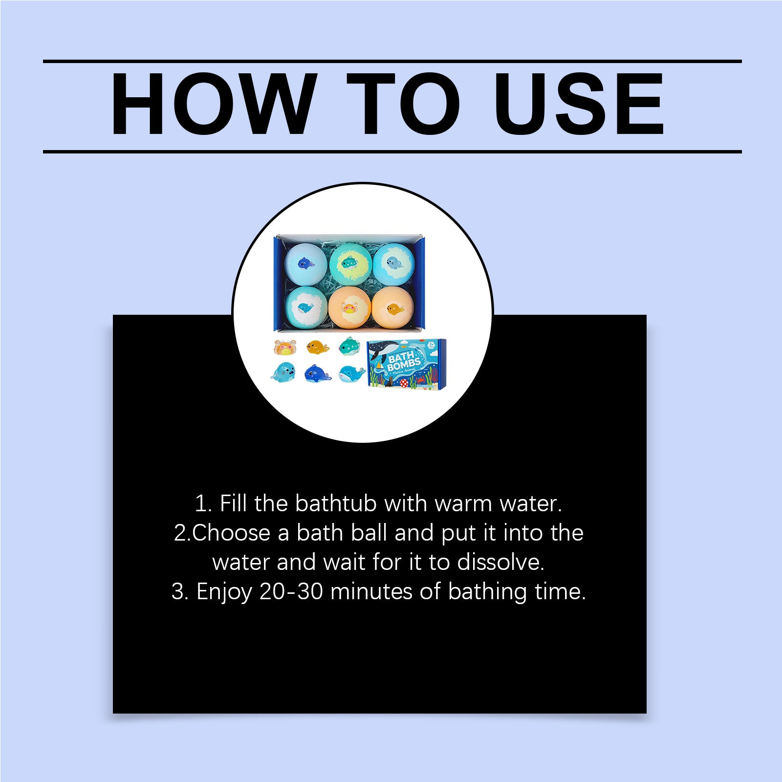 How to use bath bombs: fill tub, dissolve bath ball, enjoy 20–30 minutes
