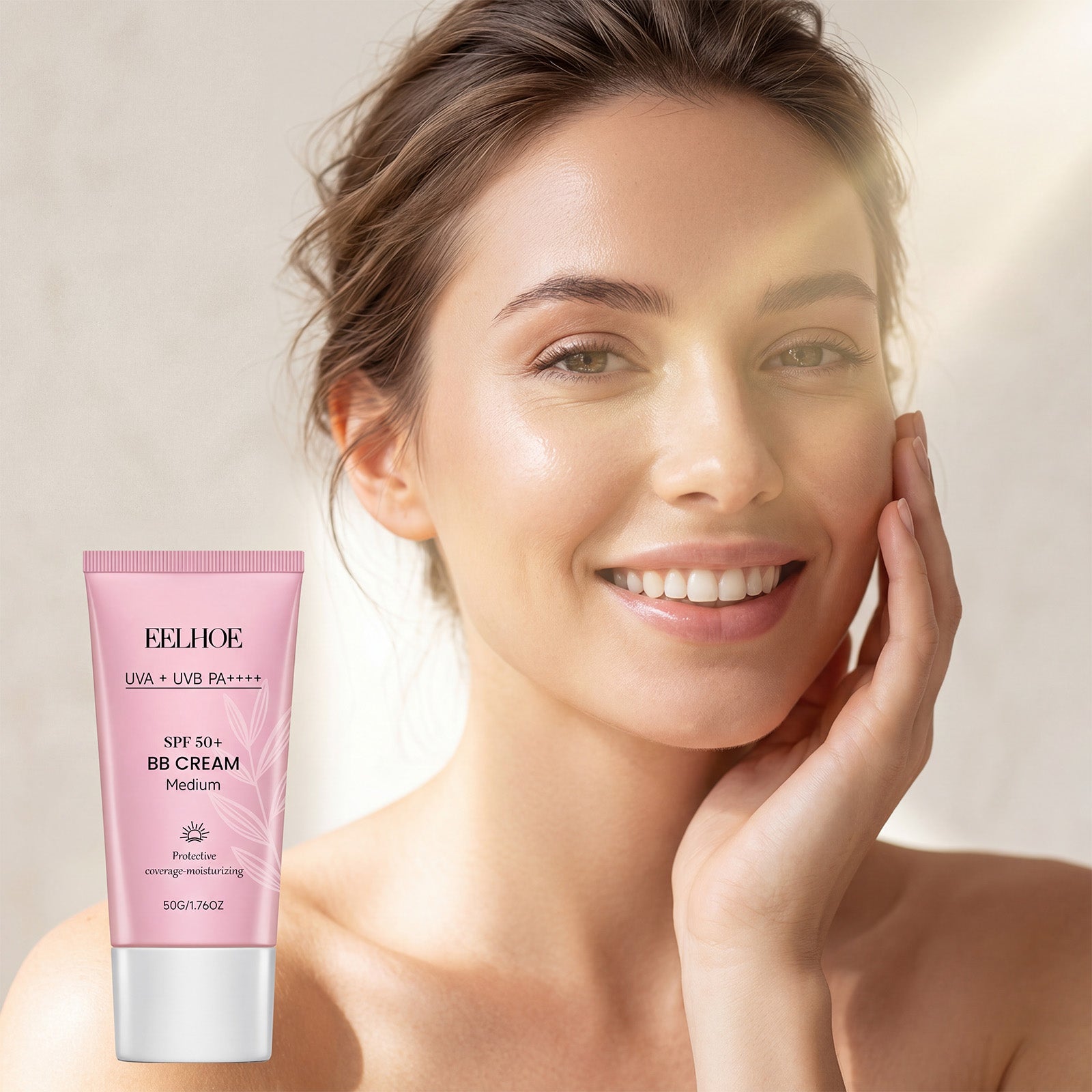 Protective BB cream tube, medium shade, SPF 50+ on skin with smooth coverage.