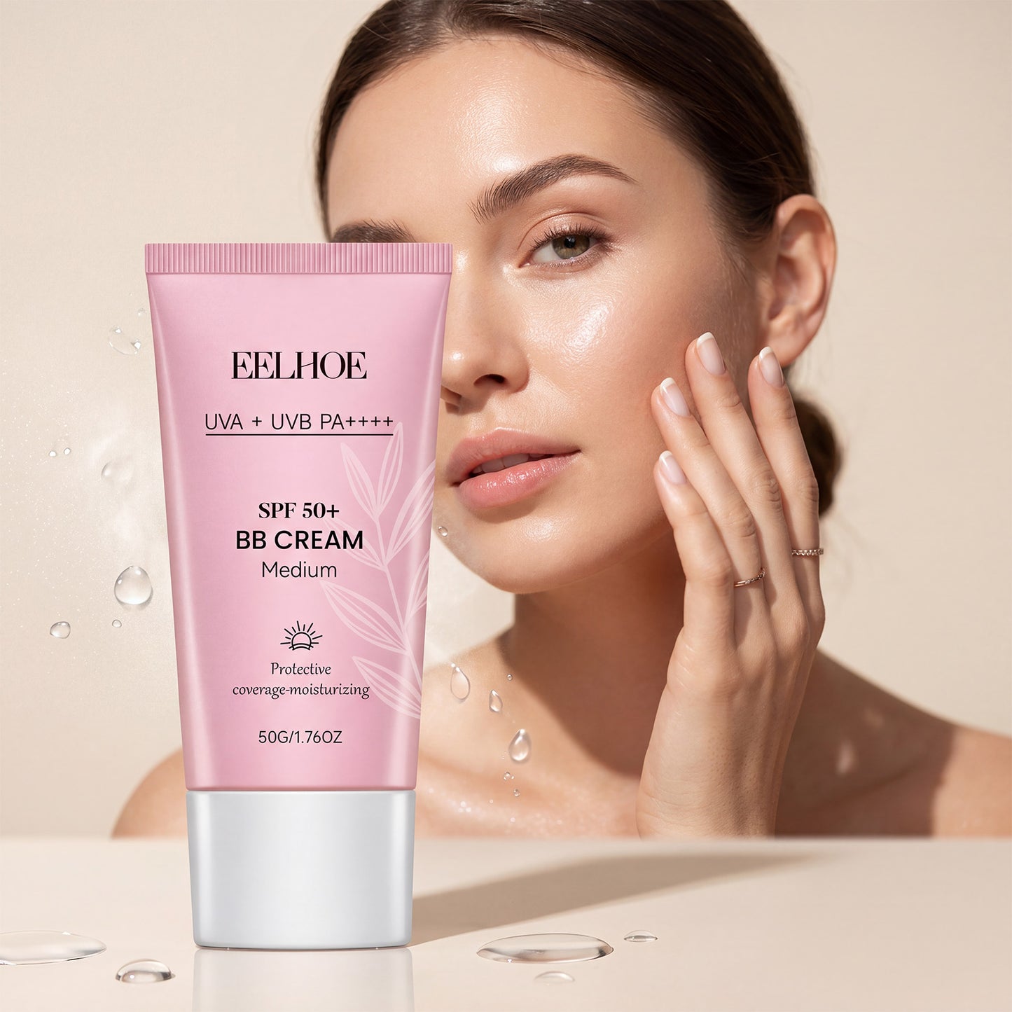 Protective BB cream tube with dewy skincare droplets, medium shade, SPF 50+.