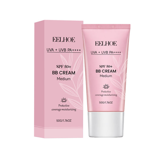 Protective BB cream tube, medium shade, SPF 50+ with UVA/UVB protection.