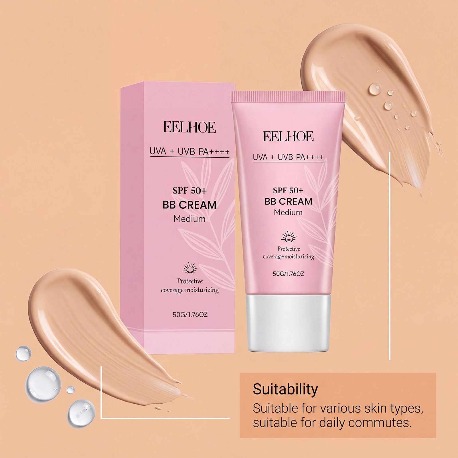 Protective BB cream tube with swatch and droplets, medium shade, SPF 50+.