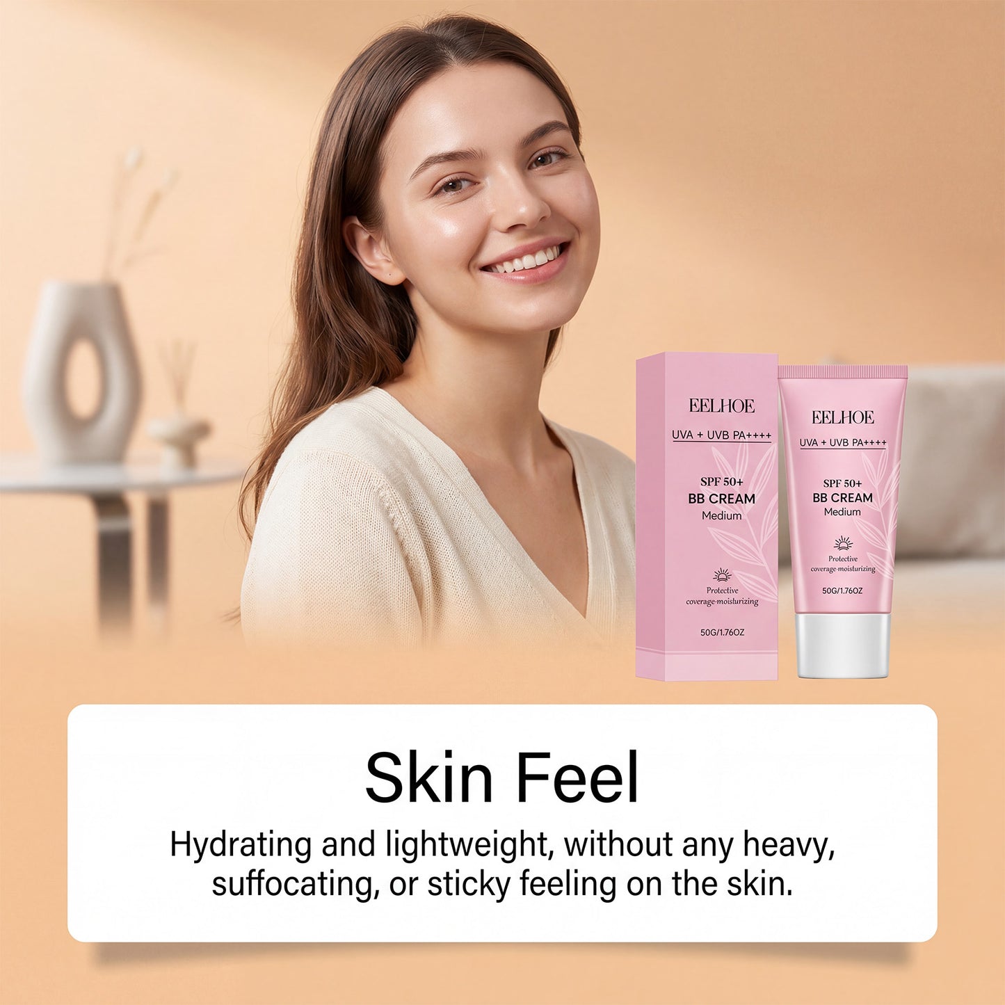 Protective BB cream tube and box, medium shade, SPF 50+ for daily coverage.