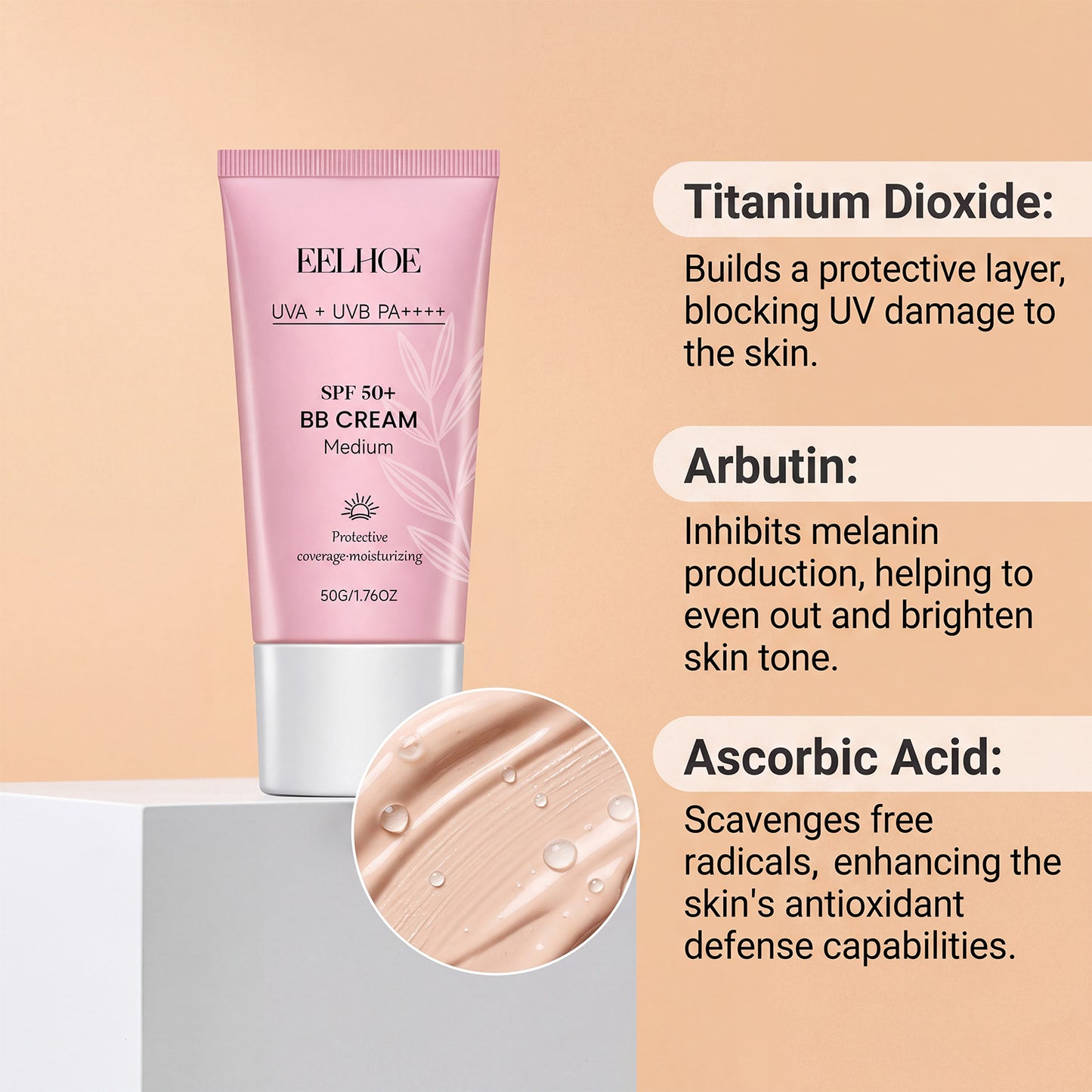 Protective BB cream tube, medium shade, SPF 50+ with ingredient callouts.