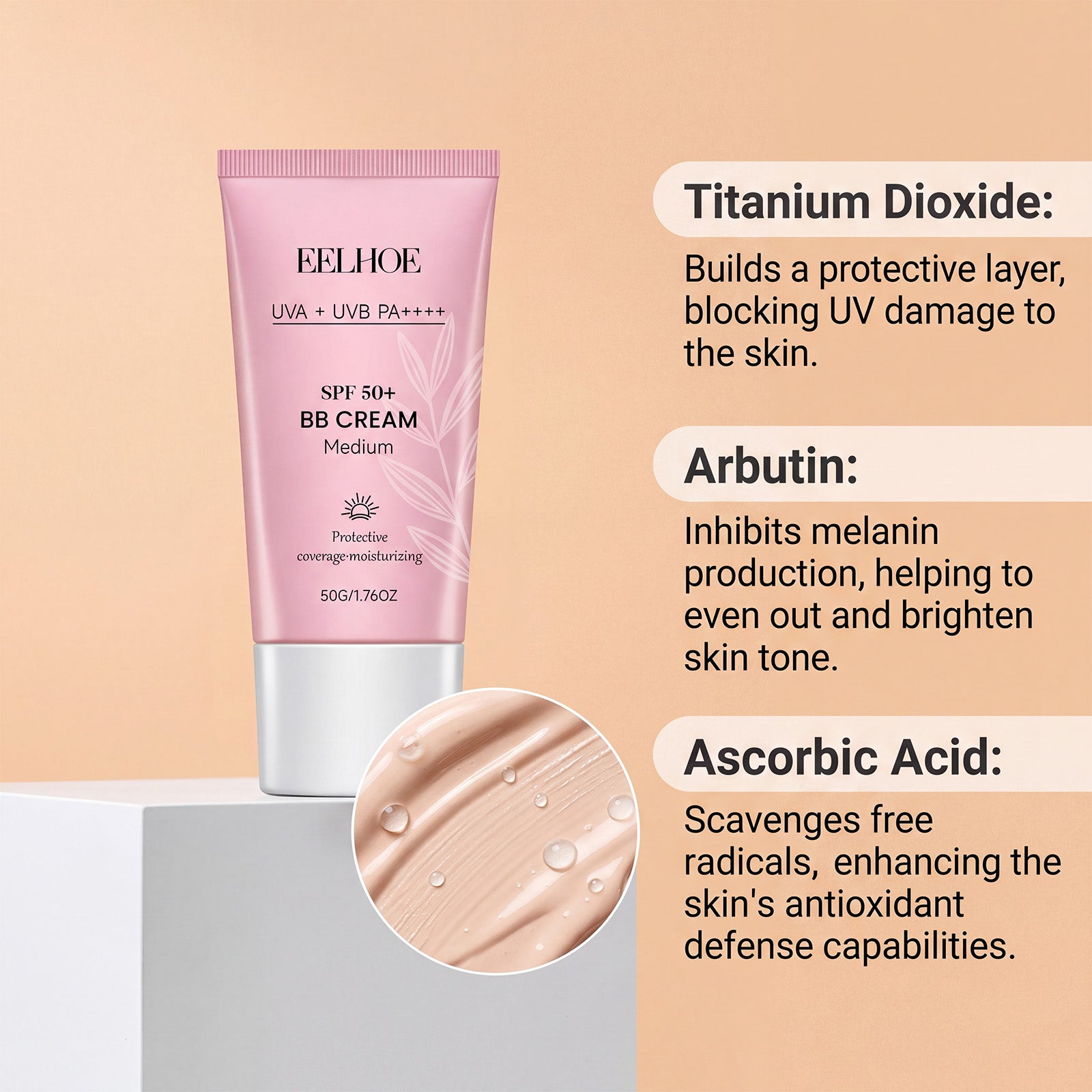 Protective BB cream tube, medium shade, SPF 50+ with ingredient callouts.
