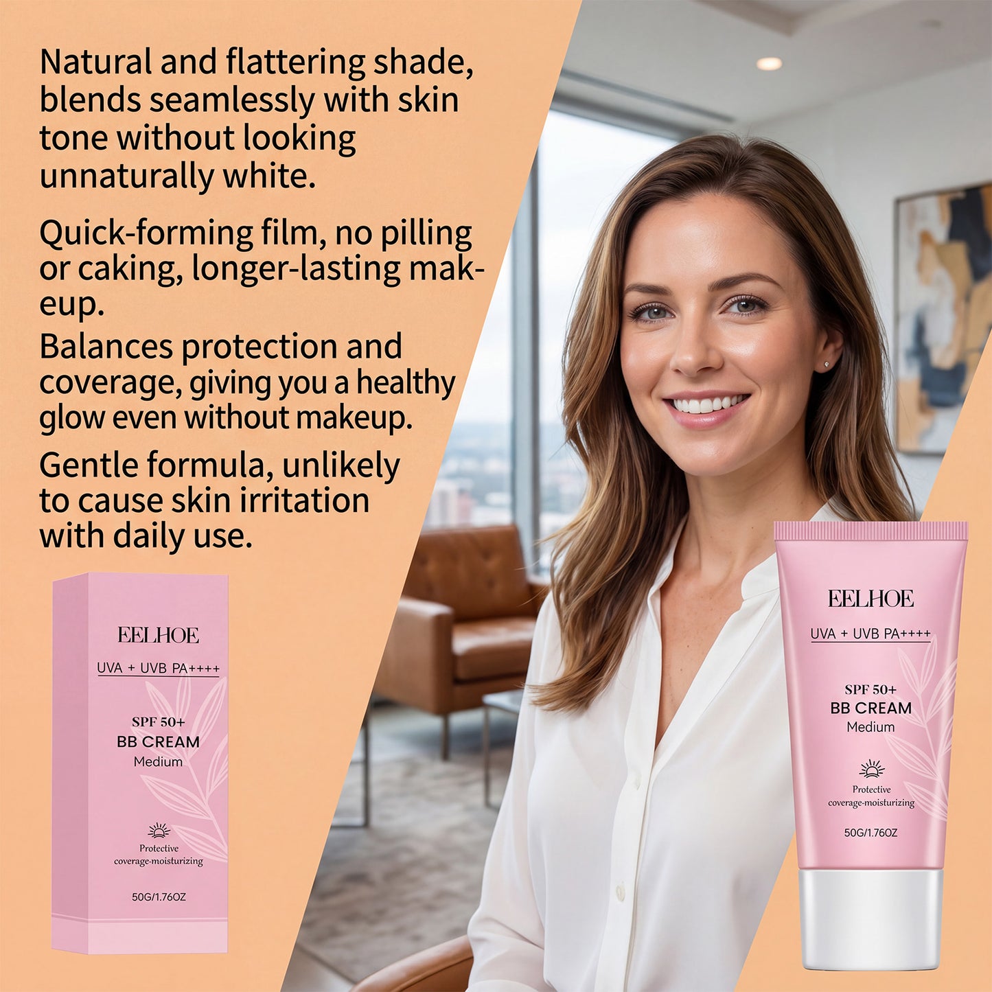 Protective BB cream tube, medium shade, SPF 50+ with coverage-moisturizing finish.