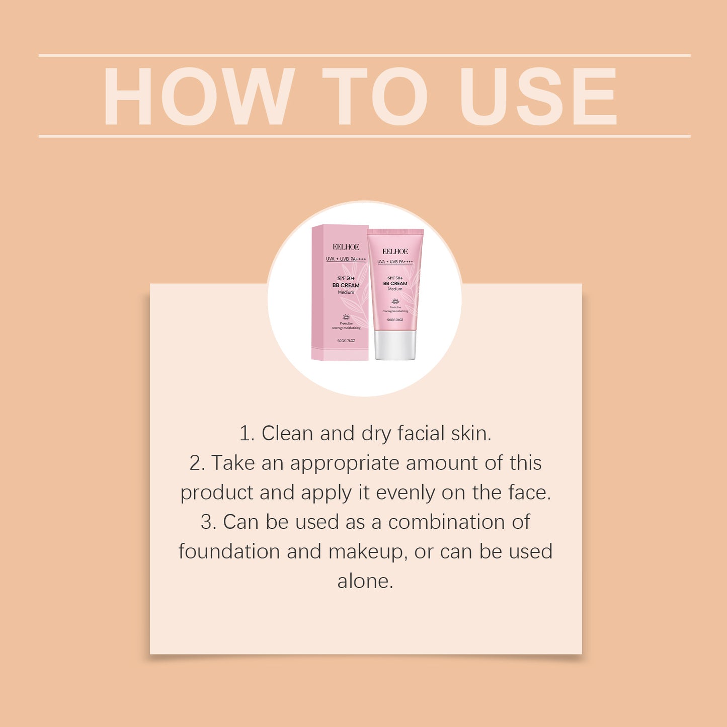 Protective BB cream how-to use card with tube shown for application steps.