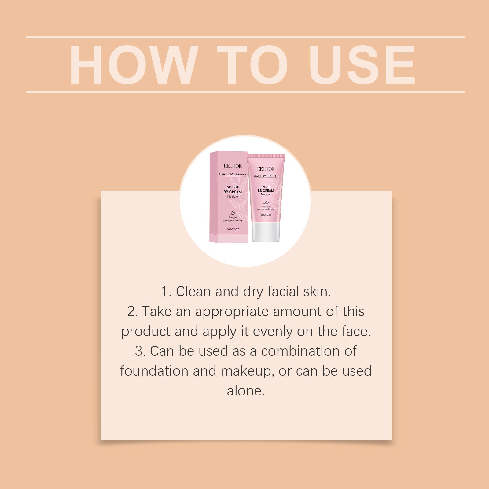 Protective BB cream how-to use card with tube shown for application steps.