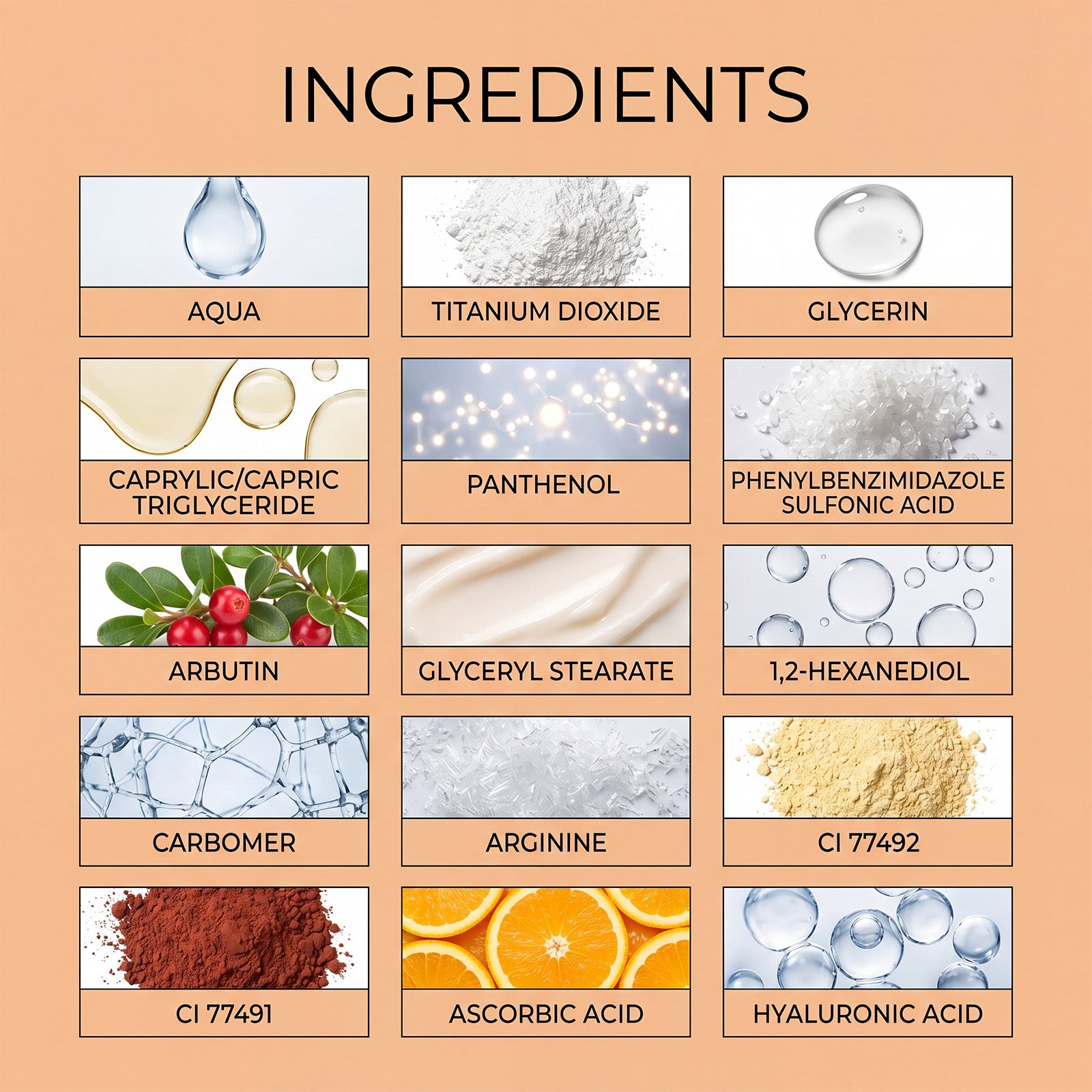 Protective BB cream ingredients panel graphic with labeled skincare components.