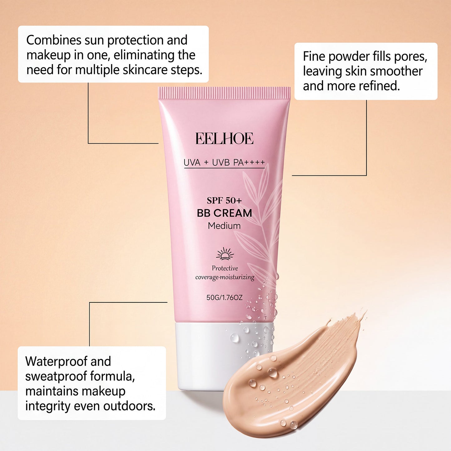 Protective BB cream tube with SPF 50+ swatch and small droplets on skin surface.