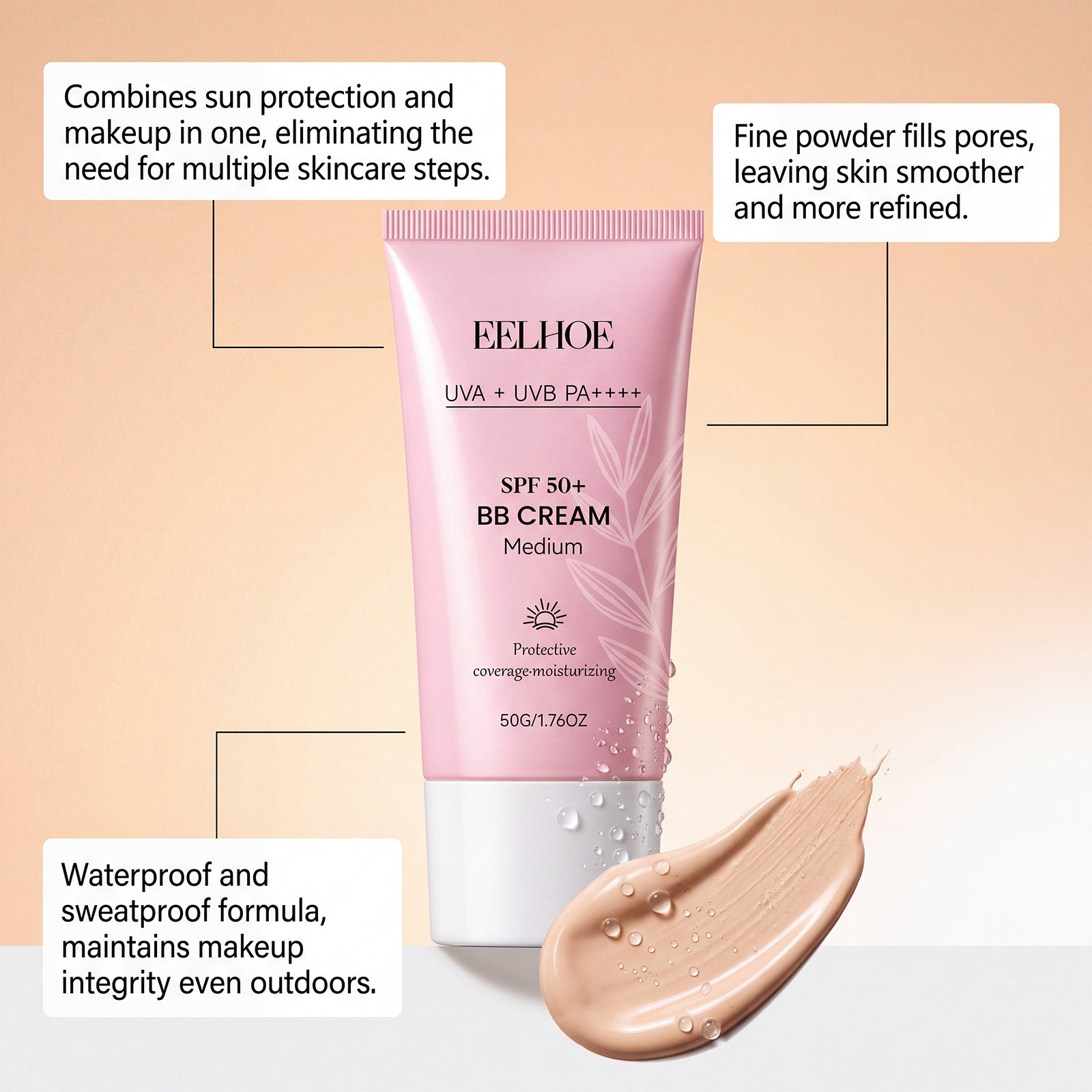 Protective BB cream tube with SPF 50+ swatch and small droplets on skin surface.