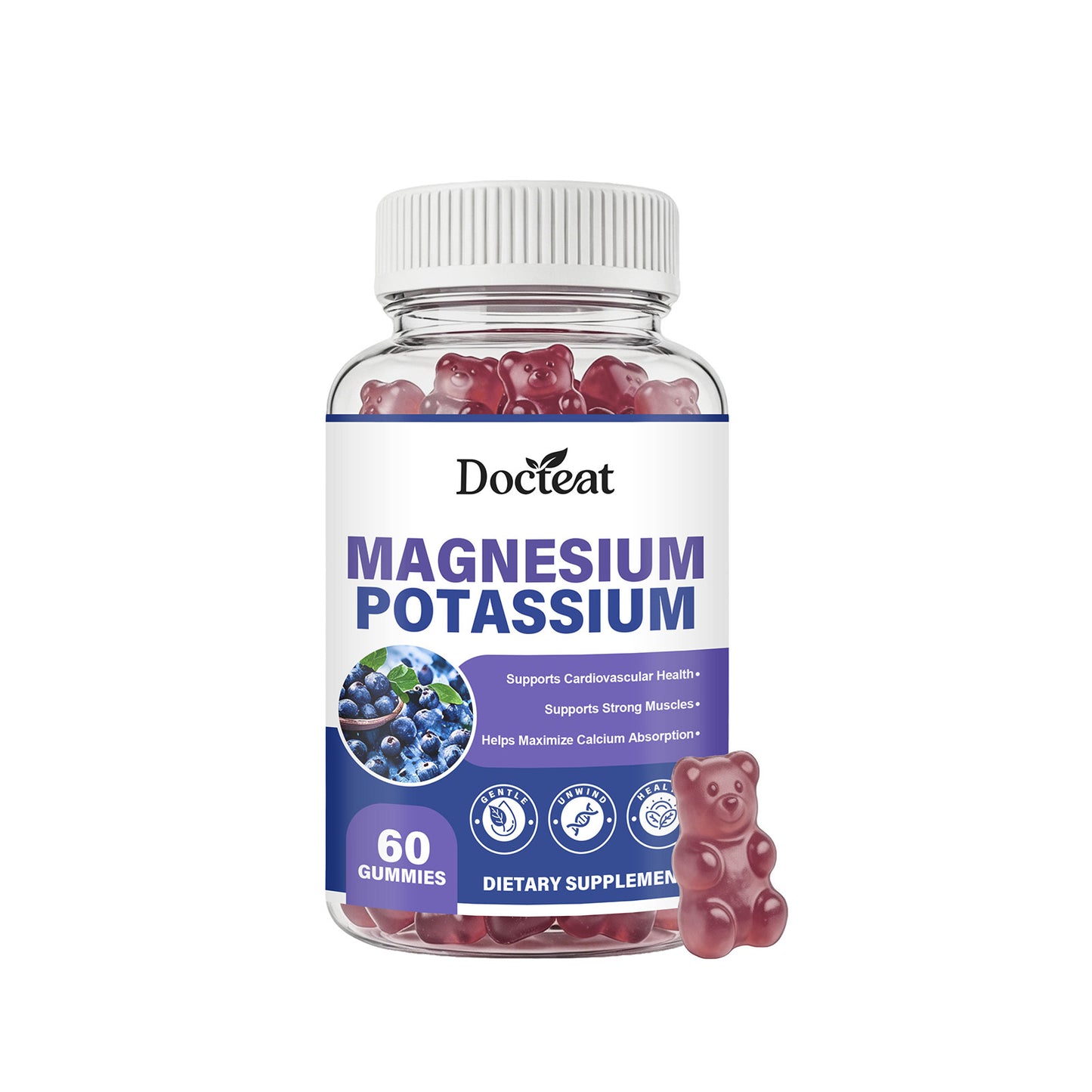 DocTeat Magnesium Potassium gummy supplement bottle with 60 red bear gummies inside