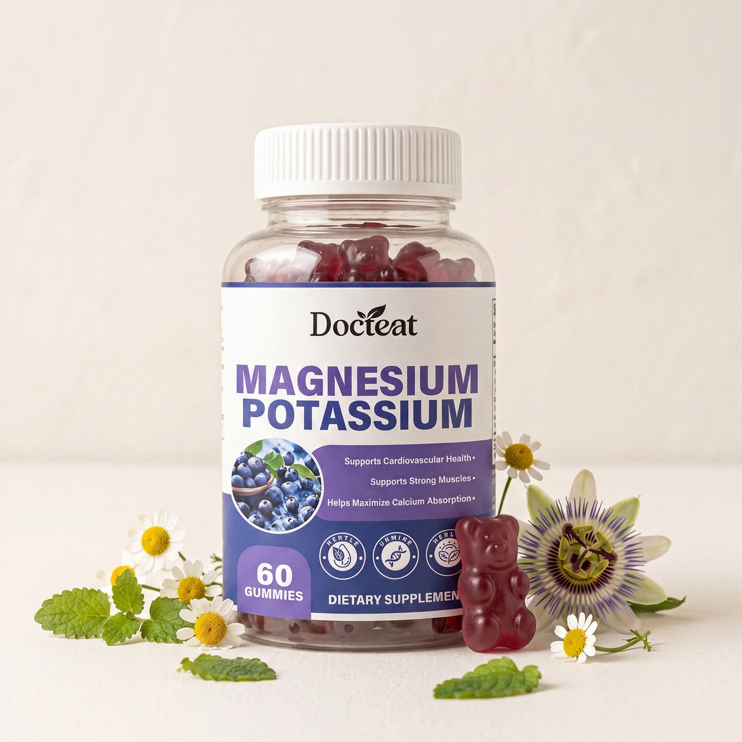DocTeat Magnesium Potassium gummy supplement bottle with 60 red bear gummies inside