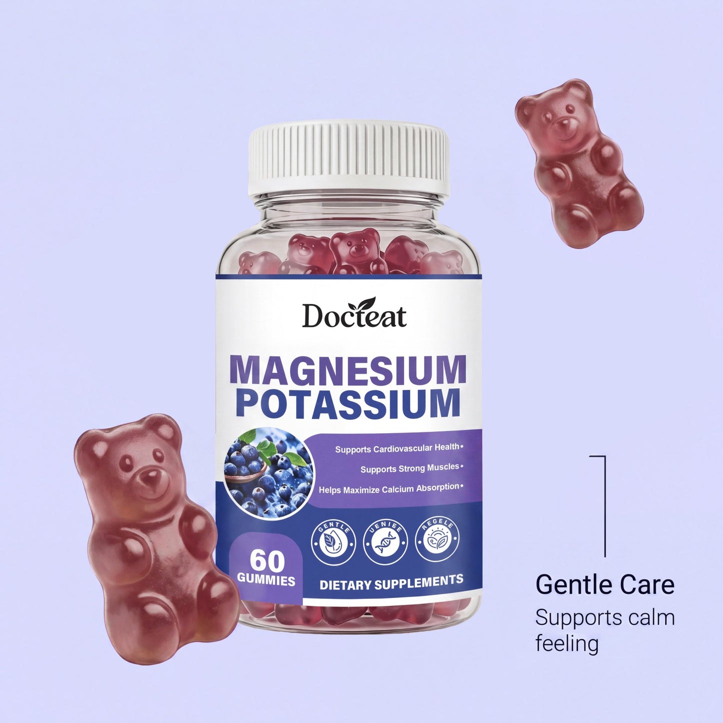 DocTeat Magnesium Potassium gummy supplement bottle with red bear gummy pieces
