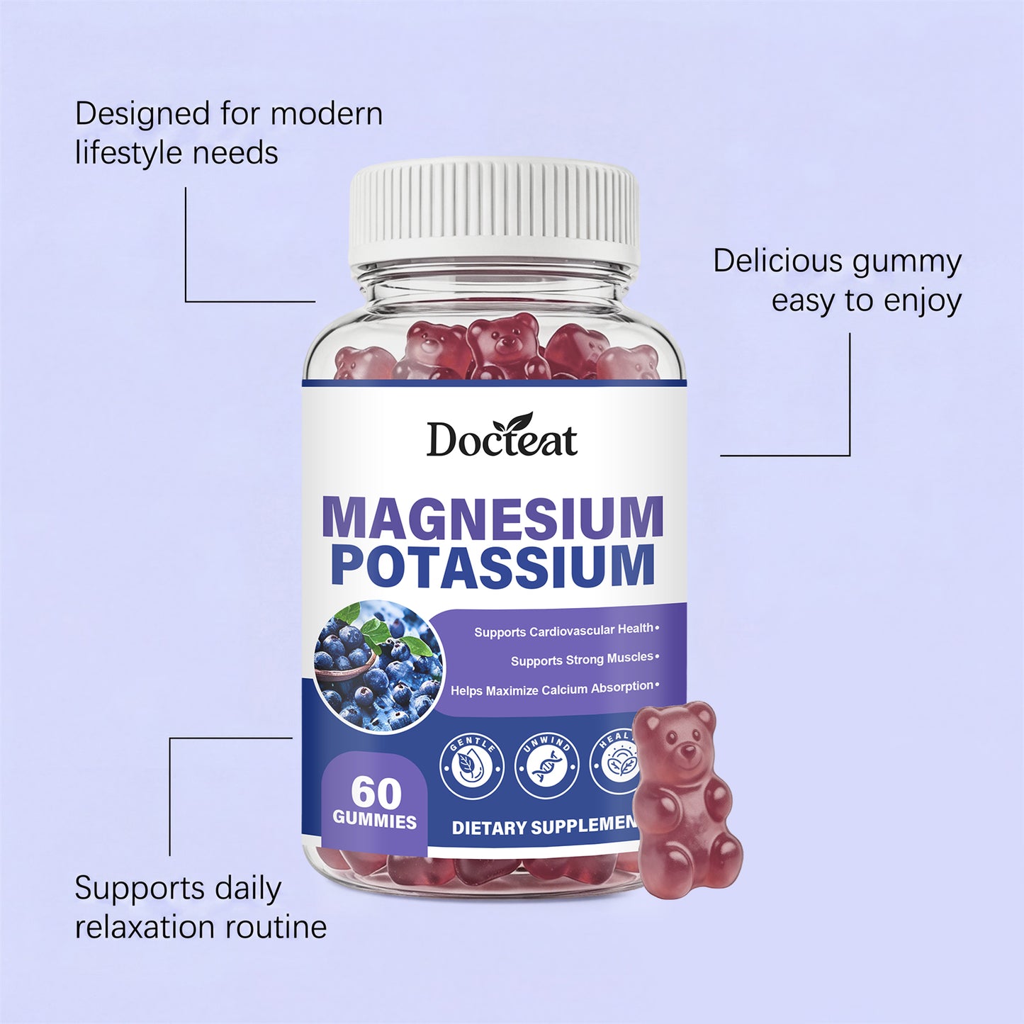 DocTeat Magnesium Potassium gummy supplement bottle with red bear gummy