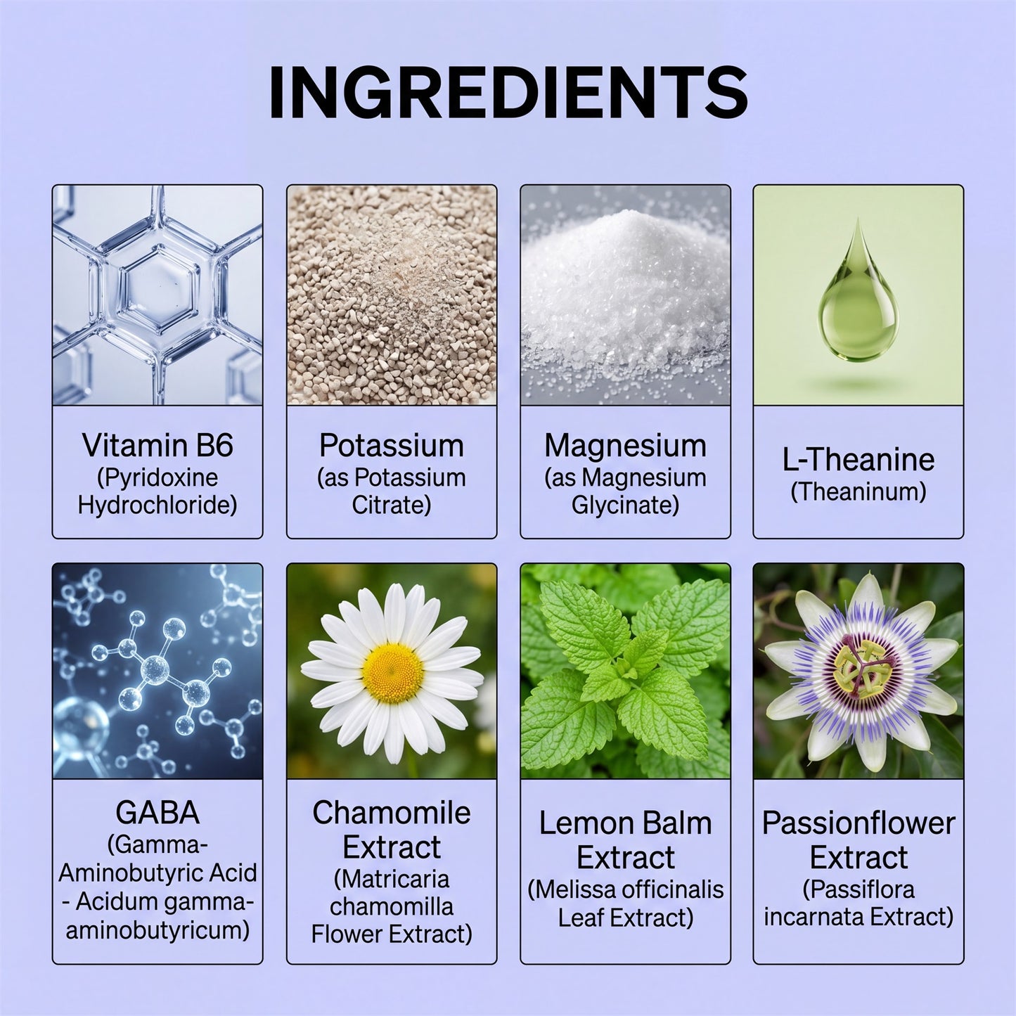 Ingredient label panel with Vitamin B6, potassium, magnesium, L-Theanine, and plant extracts