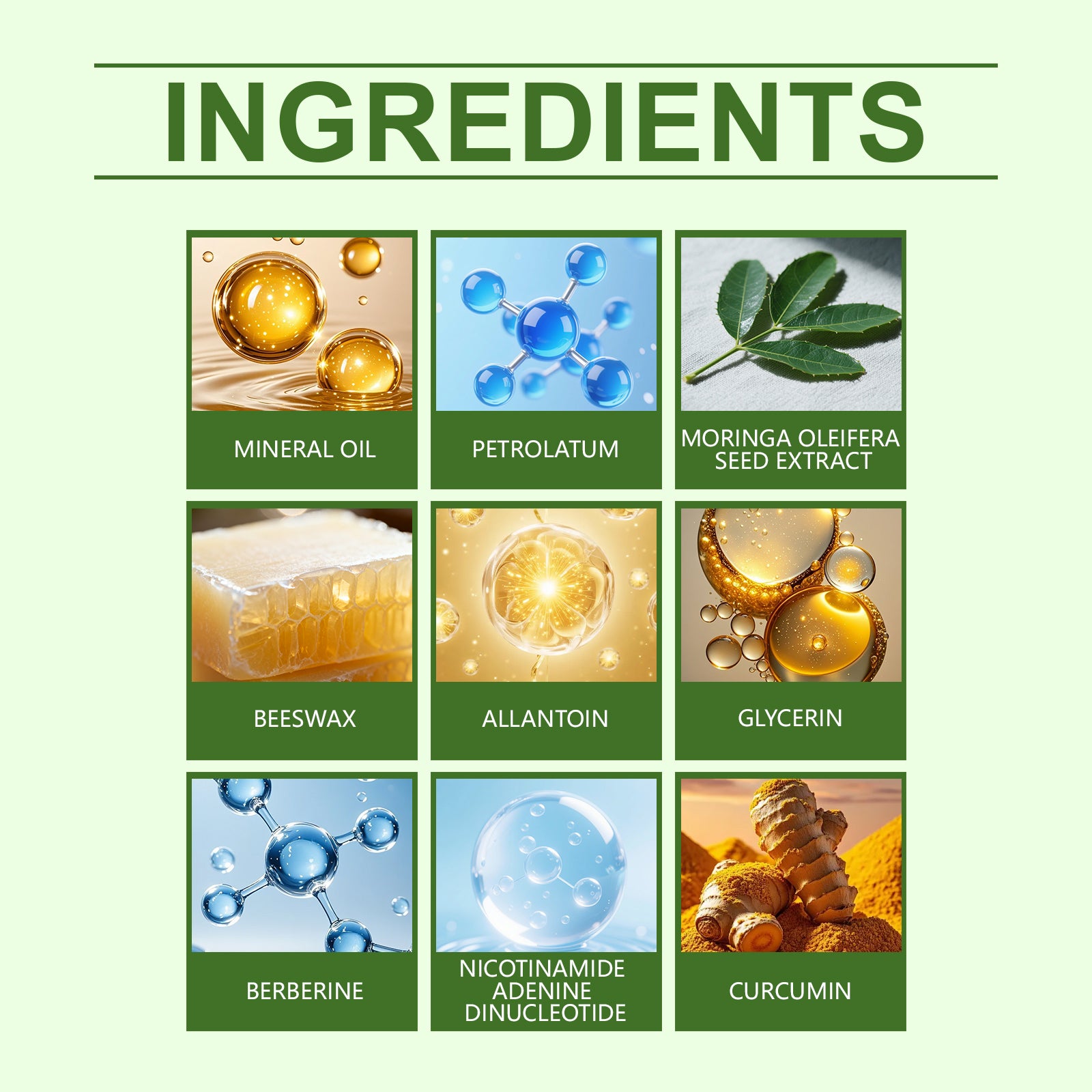 Patch ingredient grid with mineral oil, petrolatum, moringa seed extract, beeswax