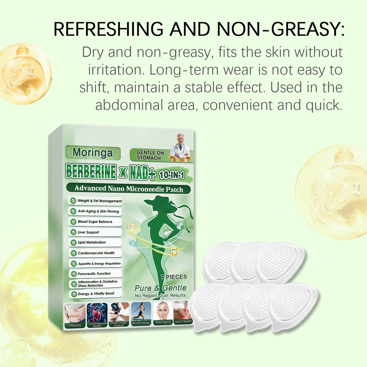 Nano microneedle patch set with four white abdominal patches beside product box
