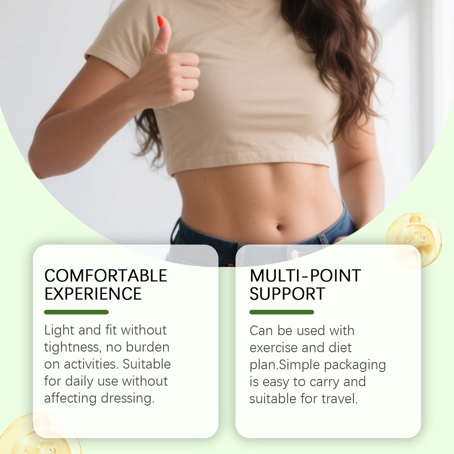 Abdomen area with thumbs-up and instruction cards for body patch use