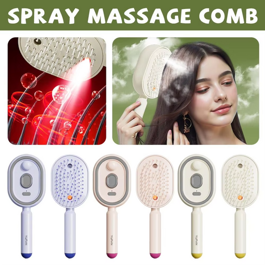 Spray massage detangling hair comb with white handle and oval sprayer control