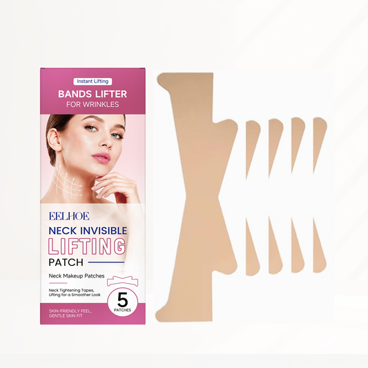 Neck lifting patch set in box, includes 5 beige patches for invisible wear