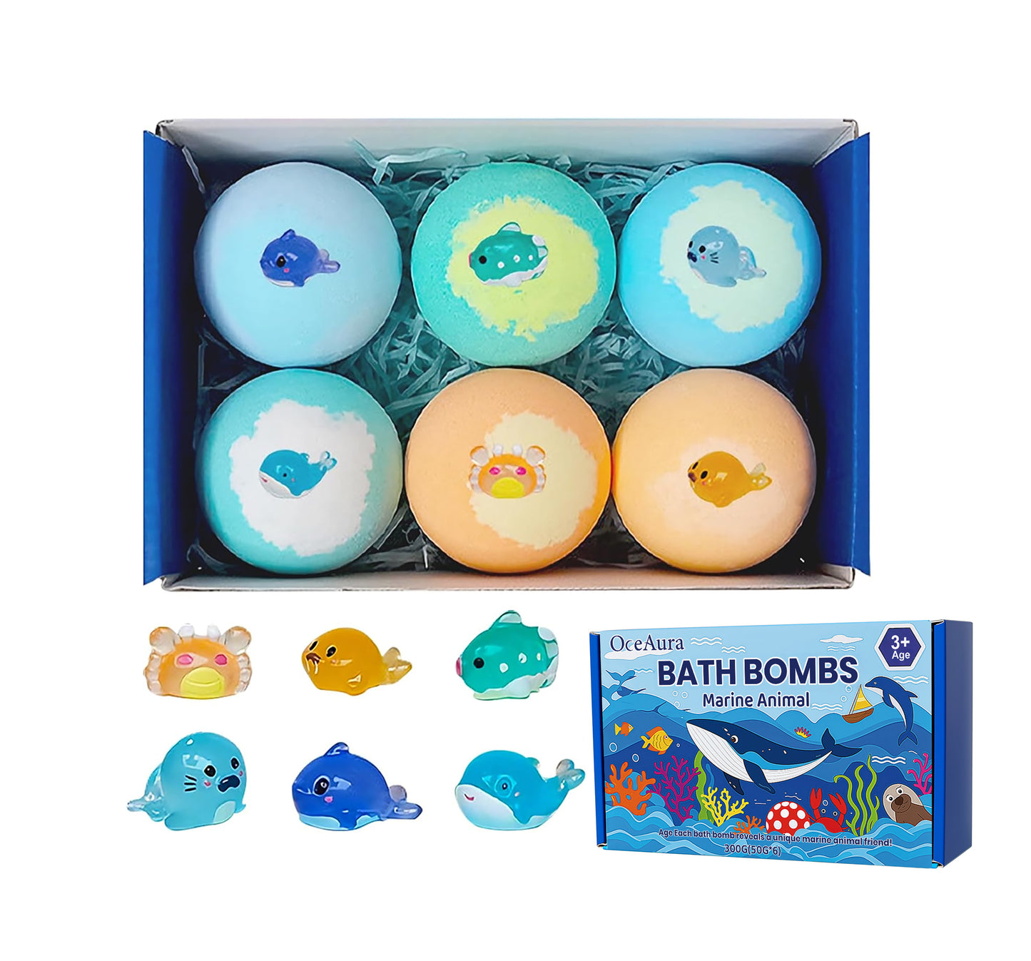 Bath bomb gift box with six round marine animal bath bombs in assorted blue tones
