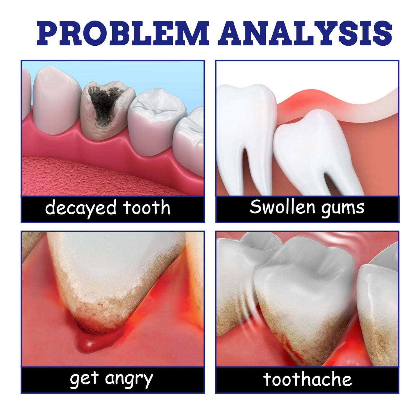 Dental problem infographic showing decayed tooth, swollen gums, and toothache