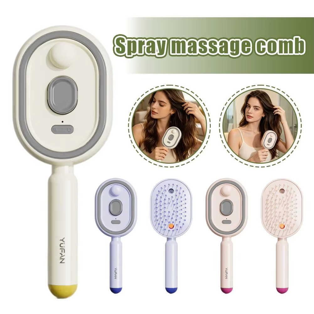 Spray massage comb with oval sprayer unit, blue bristle pad, and white handle