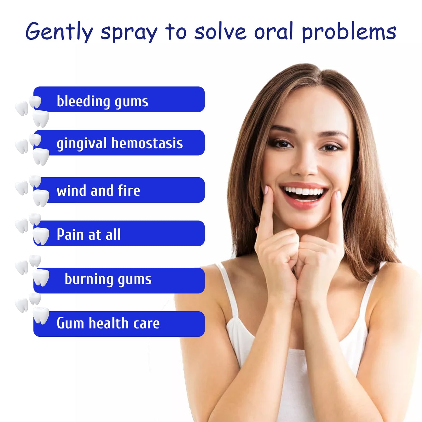 Oral care spray infographic with smiling woman and gum care icons