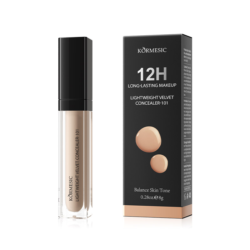 Lightweight velvet concealer shade 101, beige tube with black cap and 12H box