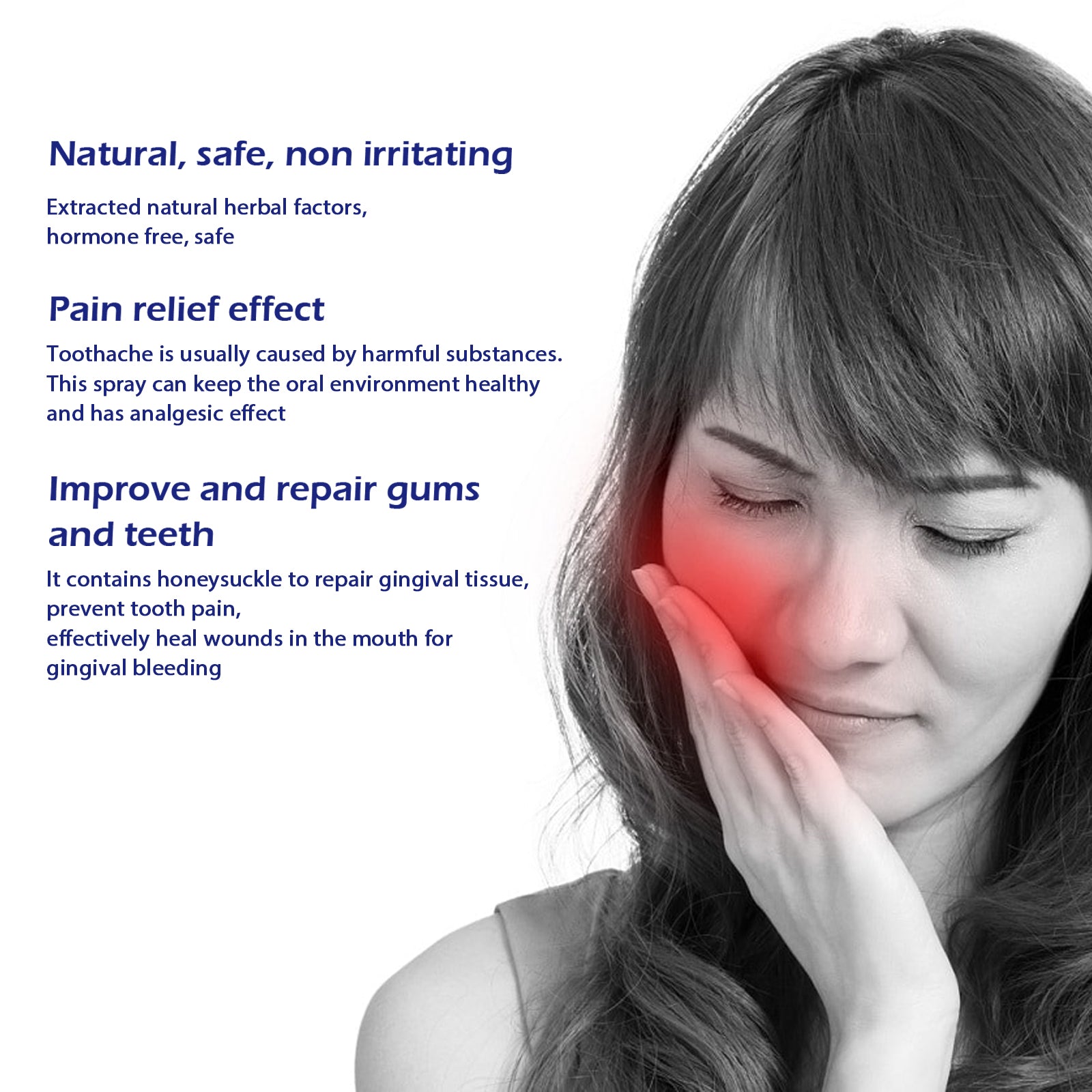 Oral care spray infographic with woman holding cheek and red pain highlight